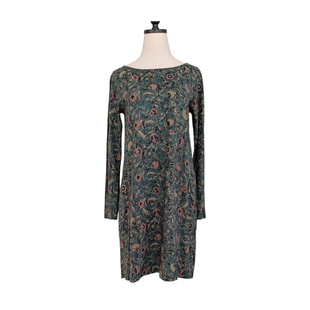 Peruvian Connection Mini Dress S Teal Green Long Sleeve Floral Shift Work Black - Picture 2 of 9